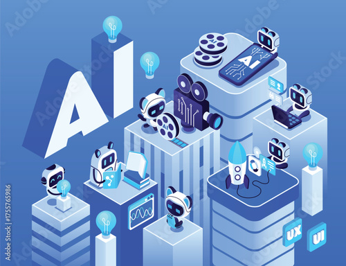 AI promotional poster with smart city robots and digital interface in isometric cartoon style