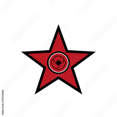 Red star emblem with poppy flower inside circle