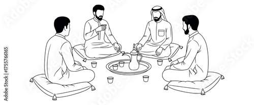 Arab Men Drinking Arabic Coffee Together in Majlis Line Art Vector
