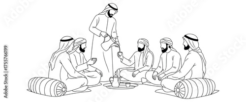 Arab Men Drinking Arabic Coffee Together in Majlis Line Art Vector