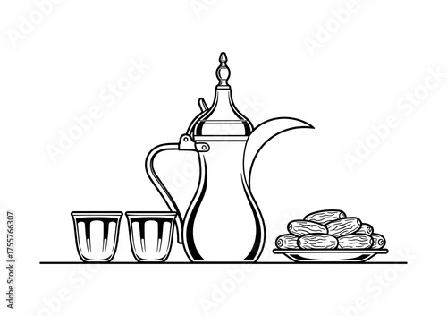 Arabic Coffee Pot and Dates Black and White Vector