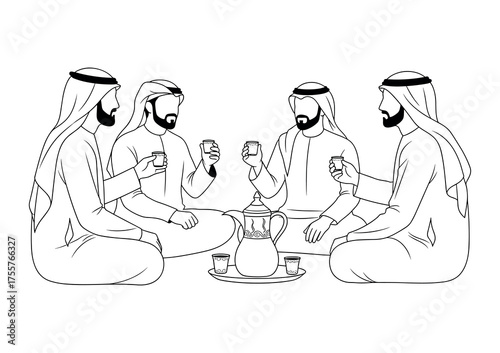 Arab Men Drinking Arabic Coffee Together in Majlis Line Art Vector