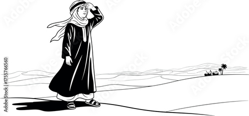 Arab Boy Looking Over Desert Horizon Line Art Vector Illustration