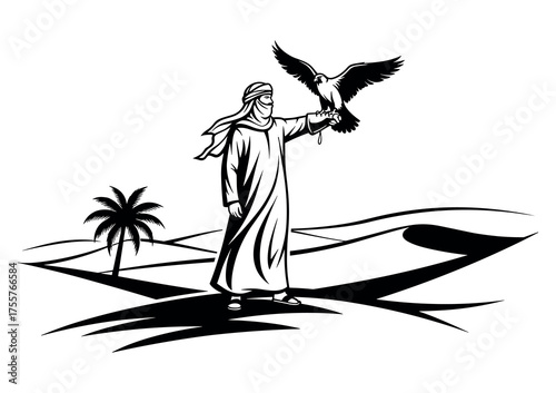 Bedouin Falconer with Falcon in Desert Line Art Vector Illustration