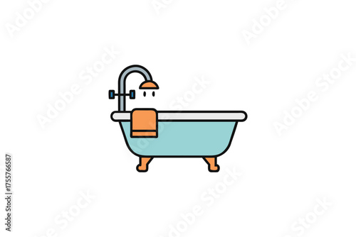 Simple illustration of a blue bathtub with a towel a flat silhouette