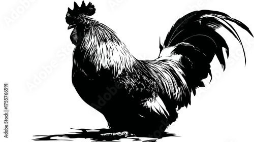 A stark black and white illustration of a proud rooster standing tall