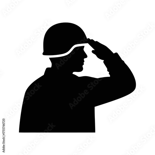 Silhouette soldier saluting, wearing helmet, isolated on transparent