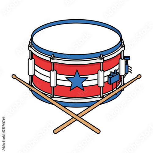 Red and blue snare drum with stripes and blue star, crossed with two drumsticks