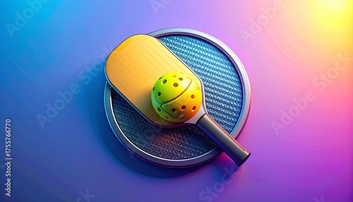 A colorful illustration of pickleball racket and ball placed on the circular metallic pad