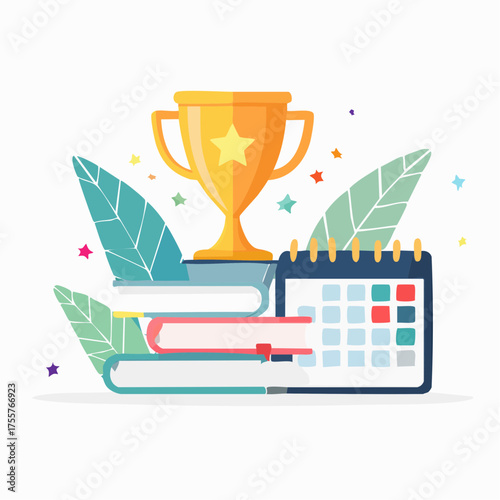 A golden trophy sits atop a stack of books, alongside a calendar and decorative elements