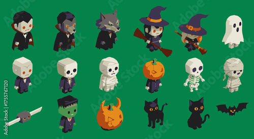 A delightful collection of pixel art Halloween characters and spooky creatures, perfect for festive designs and seasonal game assets.