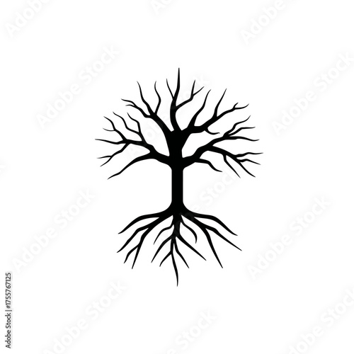 Stylized silhouette of a bare tree with prominent roots, black on white