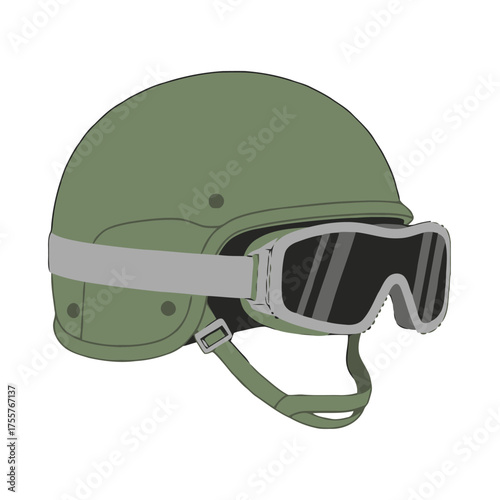 Detailed militarystyle green helmet with integrated goggles, featuring strap and buckle, isolated on transparent, signifying protection, safety, and combat readiness