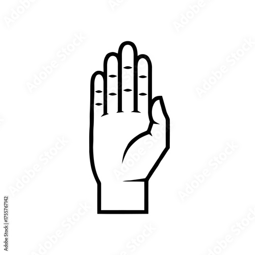 Simple, stylized black and outline drawing an open hand with fingers extended upwards, isolated on transparent, representing communication, gesture, and human interaction