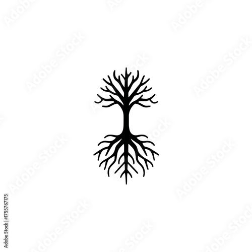 Stylized black tree silhouette with spreading branches and roots