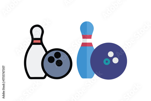 Bowling pins ball and associated equipment in flat design silhouette