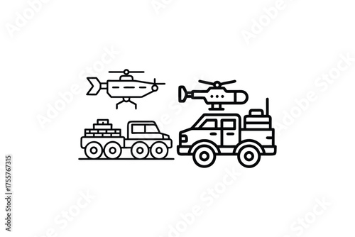 Military vehicles and helicopters depicted in a minimalist line art silhouette