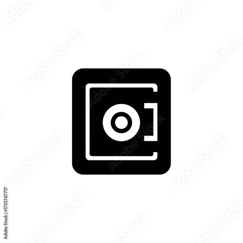 A black and white graphic icon of a safe with a circular dial