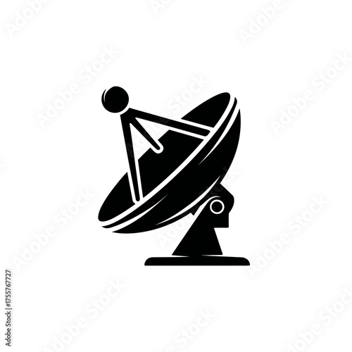 Black parabolic dish antenna on a stand, pointed upwards