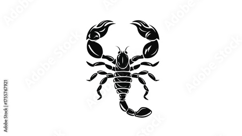 Black stylized scorpion with raised claws and segmented tail against white