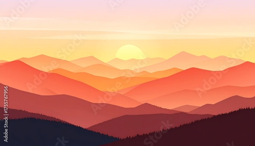 Wallpaper Mural Geometric illustration of a sunset over layered mountain silhouettes Torontodigital.ca