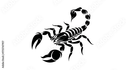 A stylized black scorpion with segmented tail raised