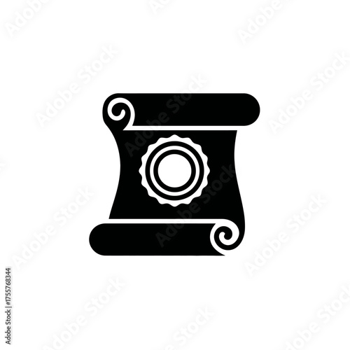 Black scroll with a circular embossed seal on white background