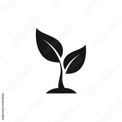 Simple black silhouette of a young plant with two leaves sprouting from soil