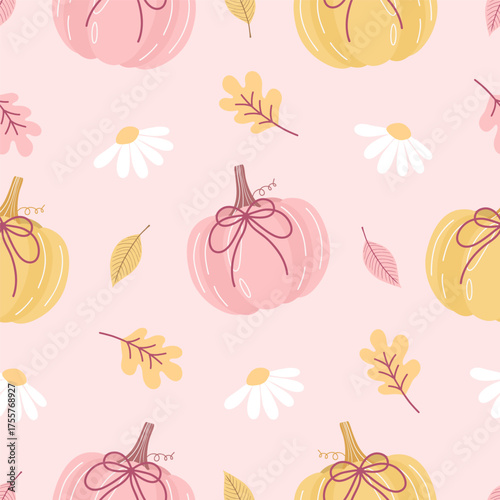 Seamless pastel autumn pattern with cute pumpkins, fall leaves, and daisy on a soft pink background – cozy and whimsical seasonal design for fabric, wrapping paper, or digital projects.