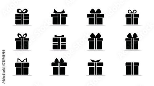 Twelve black gift box icons with varying bow styles on a white background