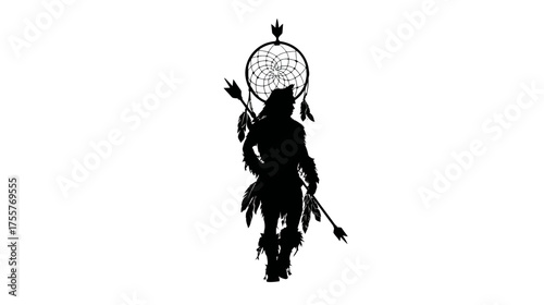 Silhouette of a warrior with a dreamcatcher and spear