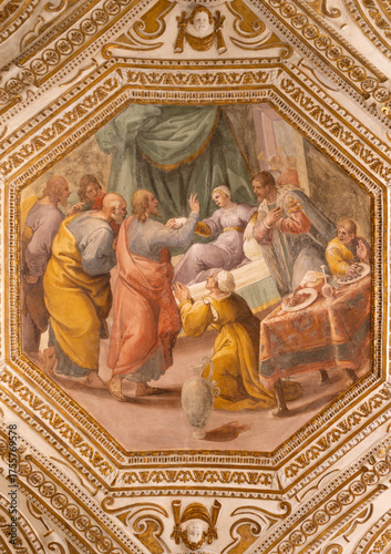 Obraz na plátně SALERNO, ITALY - OCTOBER 6, 2025: The ceiling fresco of The Raising of Jairus' Daughter in the crypt of Cathedral of St