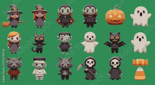 A delightful collection of charming, cartoon-style Halloween characters and festive elements, including witches, vampires, ghosts, and pumpkins, perfect for spooky season designs.