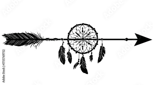 Silhouette of an arrow piercing a dreamcatcher with feathers
