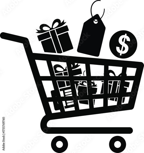 Shopping cart filled with gifts and a price tag, representing consumerism and retail isolated on white background vector illustration