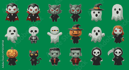 A vibrant collection of adorable pixel art Halloween characters, featuring iconic spooky figures like vampires, ghosts, and pumpkins, perfect for holiday projects.