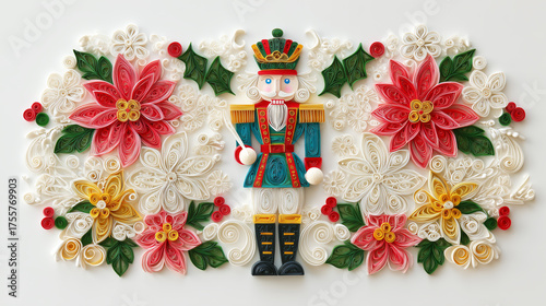 Paper quilling nutcracker with festive poinsettias and holly