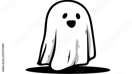 A simple white ghost with black eyes and a smiling mouth, floating above its shadow