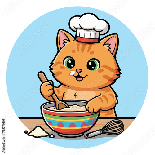 A lovely cute cat chef  cartoon character illustration stirring a bowl of mixture 