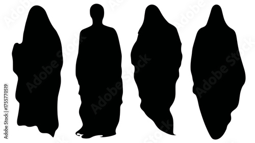 Four abstract, shadowy figures with flowing outlines stand in silhouette