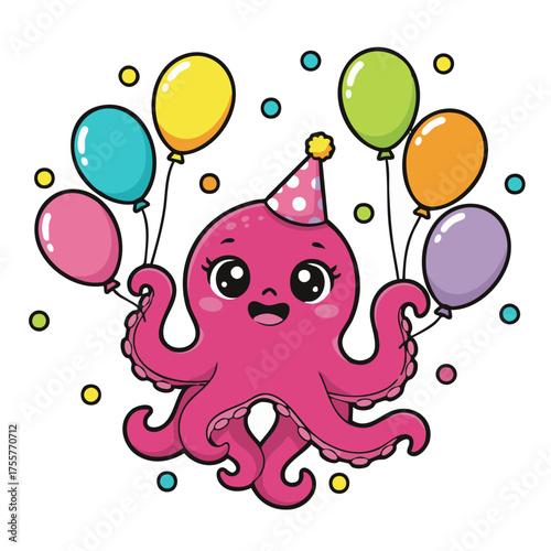 A cute lovely happy octopus cartoon character illustration celebrating birthday 