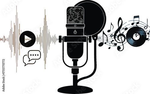 Microphone with sound waves, music notes, and a vinyl record, representing audio recording and music production isolated on white background