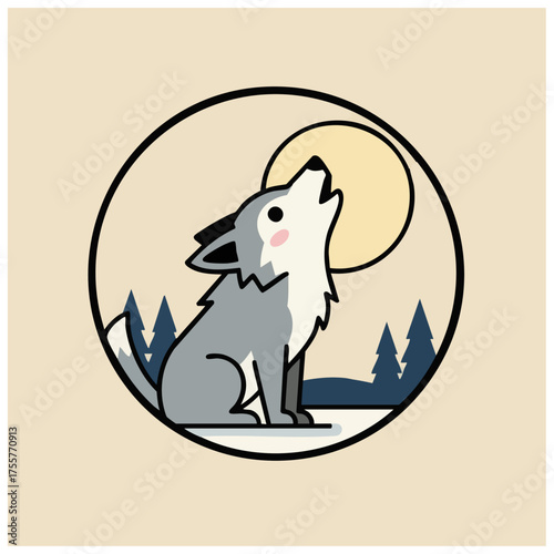 A cute wolf cartoon character illustration, yelling under the moon