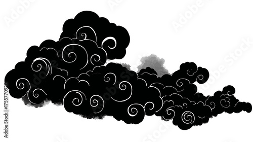 A cluster of dark, stylized clouds with white swirling patterns on a white background