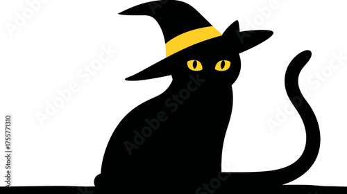 A black cat wearing a pointed witch hat with a yellow band