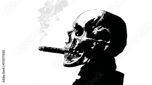Black and white illustration of a smoking skull with a cigar and wisps of smoke