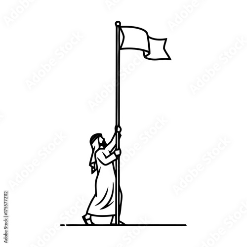 Man in traditional arab clothing, wearing thawb and ghutra, raising flag on flagpole, symbolizing achievement, success, and leadership, depicted in clean line style