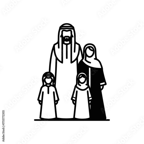 Stylized outline an arab family including father, mother, and two children, dressed in traditional attire, standing together, isolated on transparent, representing family unity and cultural heritage