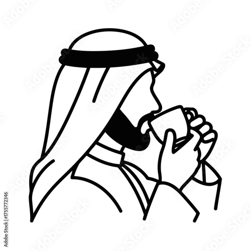 Minimalist line an arab man in traditional attire drinking coffee, capturing moment cultural tradition, hospitality, and relaxation