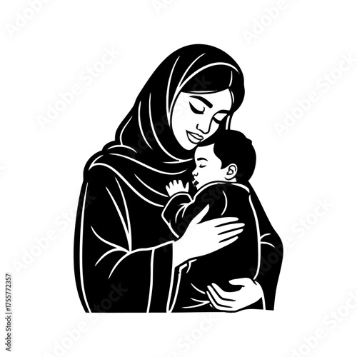 Loving mother wearing hijab gently holds her sleeping baby, symbolizing maternal love, family bond, and peaceful moments